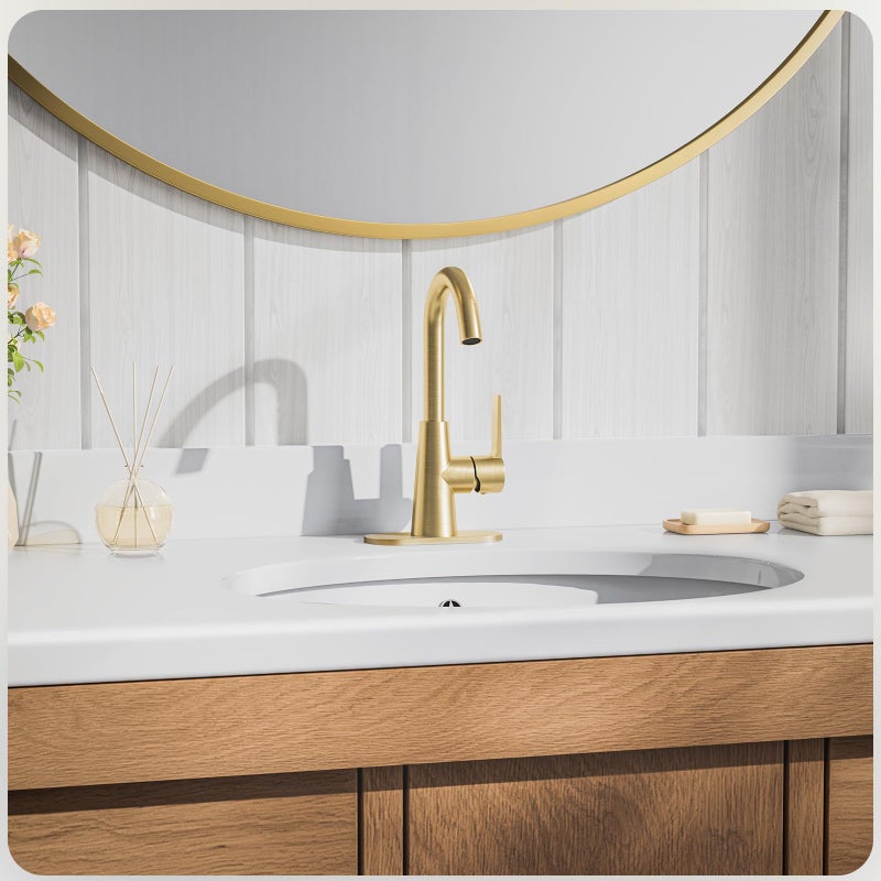 Phiestina Brushed Gold Single-Handle 4 Inch Bathroom Sink Faucet with Deck Plate and Supply Hoses, Bar Sink Faucet/Pre-Kitchen Sink Faucet with 360 Degree Rotation Spout, WE10-BG - Image 2